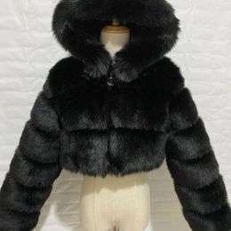 GAMPORL Fashion Winter High Quality Faux Fox Fur Coat Women Vintage Long Sleeve With Cap Slim Short Jackets Furry Coat Femme Y0829