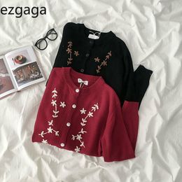 Ezgaga Vintage Sweater Women Autumn O-Neck Long Sleeve Knitted Cardigan Loose Embroidery Flower Red Tops Female Elegant Casual 210430