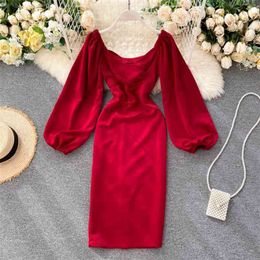 Women's Spring Autumn Dress Korean Style Retro Solid Colour Lantern Sleeve V-neck Long-sleeved Slim es LL853 210506