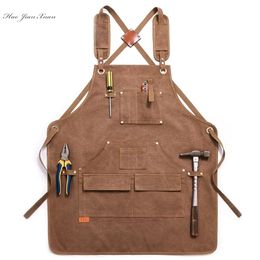 Durable Goods Heavy Duty Unisex Canvas Work Apron with Tool Pockets Cross-Back Straps Adjustable For Woodworking Painting 210629