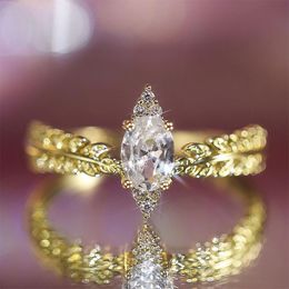 Wedding Rings Luxury Gold Colour Women Engagement Stylish Marquise Shape Leave Band Girl Ring Gift Elegant Female Marriage Jewellery