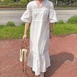 Summer Women Temperament V-neck Lace Cut Out Embroidery Stitching Drawstring Waist Flared Sleeve Dress 16W1021 210510
