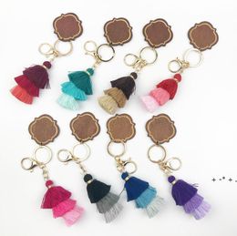 Personalized Wooden Keychain Party Favor Three-layer Cotton Tassel and Chip Pendant Key Ring Multicolor LLF12343