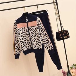 Autumn Winter Tracksuit Women Leopard Print Zipper Cardigans Pants 2pcs Fashion Hit Colour Slim Jumper Trousers Set 211105