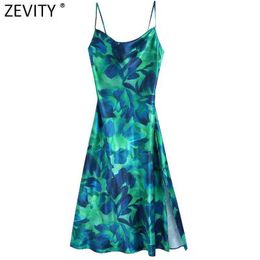 Zevity Women Fashion Ink Paingting Leaves Side Split Camisole Dress Female Sexy Backless Inner Style Casual Party Vestido DS8975 Y1204