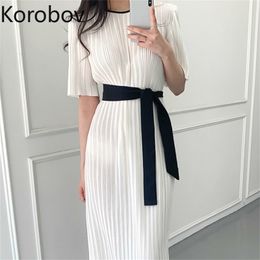 Korobov Korean Hit Colour Patchwork Women Dress Vintage O Neck Short Sleeve Dresses Lacing Bow OL Vestidos Femme 210430