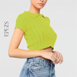 Sexy Textured Cropped Top button Short Sleeve T Shirts Women Korean ladies tshirt Streetwear 210521