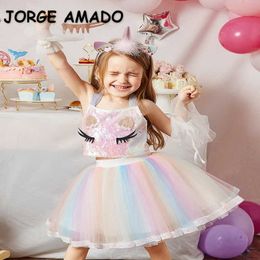 Wholesale Summer Girl Sets Unicorn Sequin Top + Rainbow Chiffon Skirt Kids Clothes E1288 210610
