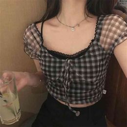 Summer Plaid Blouse Women Retro Square Collar Shirt Casual Lace Chiffon Puff Sleeve Crop Tops Female Korea Clothing 210719