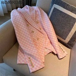 Nomikuma Autumn Korean Plaid Suit Jacket Fashion Double Breasted Notched Collar Blazer Coat Causal Elegant Blazers 6Z559 211006