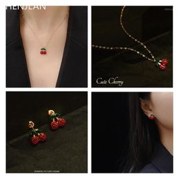 Earrings & Necklace 316L Stainless Steel Gold Plated Red Rhinestone Cherry Pendant Twist Chain Vintage For Women Jewellery Set