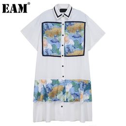 [EAM] Women Casual Printed Spliced Ruffles Shirt Dress Lapel Short Sleeve Loose Fit Fashion Spring Summer 1DD8542 210512