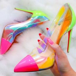 Dress Shoes Patchwork High Heels Clear PVC Stiletto Pointed Toe Shallow Slip On Women Pumps Manufacturer Footwear