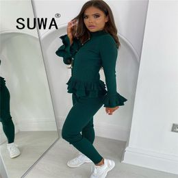 Women Fitness 2 Pieces Set Solid Colour Tracksuit Long Sleeve Turtleneck Ruffle Crop Top + Elastic Push Up Leggings Fall Outfits 210525