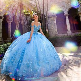 Princess Blue Quinceanera Dresses Lace Appliqued Crystal Ball Gown Vestidos De Quinceaera Sweetheart Sweet 16 Dress