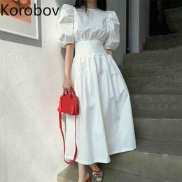 Korobov Korean Elegant White Dress Vintage High Waist O Neck Puff Sleeve Female Dresses Streetwear Ruched Design Robe Femme 210430