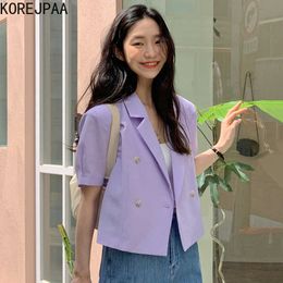 Korejpaa Women Jackets Summer Korean Chic Ladies Gentle Violet Lapel Double-Breasted Casual All-Match Puff Sleeve Blazers 210526