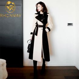 Korean Autumn Winter Women Tweed Thicked Warm Overcoat Fashion Woollen Double Breasted Patchwork Long Sashes Trench Wool Coat 210506