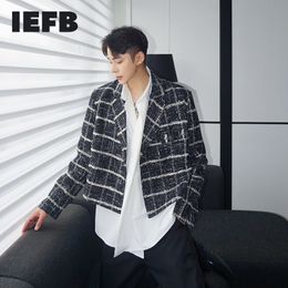 IEFB Korean Fashion Silhouette Tweeds Short Coat For Men Spring Autumn Single Button Suit Coat For Male Plaid Print 9Y4679 210524
