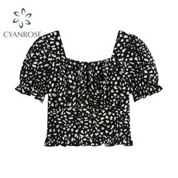 Women's Flower Print Puff Short Sleeve Crop Tops Summer Fashion Streetwear Vintage Square Collar Ruched Drawstring Lady Top 210515