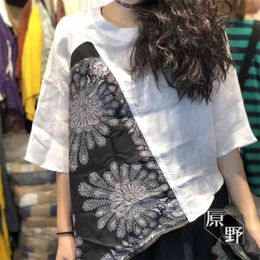 Summer Arts Style Women Short Sleeve Asymmetry Loose T-shirt Patchwork Cotton Linen Print Tee Shirt Femme Tops M173 210512