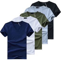 5Pcs/Lot High Quality Fashion Men's T-Shirts V Neck Short Sleeve T Solid Casual Men Cotton Tops Tee Summer Clothing 210706