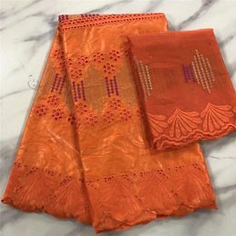 5Yards Top Sale Orange Bazin brocade Lace Fabric African Embroidery Match 2Yards French Mesh Blouse Set PL71444A