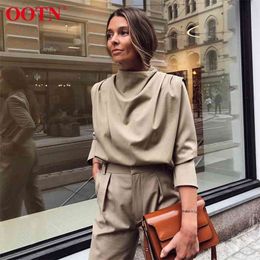 OOTN Draped Collar Womens Tops And Blouses Elegant Long Sleeve Solid Office Blouse Ladies Shirt Casual Top Female Streetwear 210323