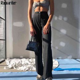 Casual High Waist Straight Black Striped Pants Suit Women Fashion Streetwear Ladies Loose Trousers Pockets 210510