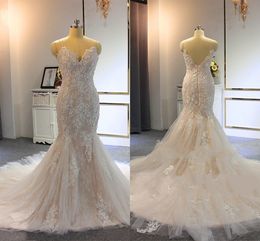 2022 Luxuroise Champagne Wedding Dress Mermaid 3D Flowers Floral Lace Applique Spaghetti V-neck V Open Back Bridal Dresses Long Train