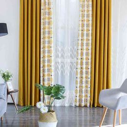 Geometirc Two Colours Stitching Blackout Flax Curtains for Living Room Modern High-Quality Window Bedroom Blackout Curtain 210712