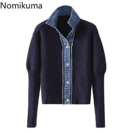 Nomikuma Cardigan Sweater Women Autumn Winter Knitwear Korean Demin Patchwork Knitted Coat Turn-down Collar Jacket 6D340 210922