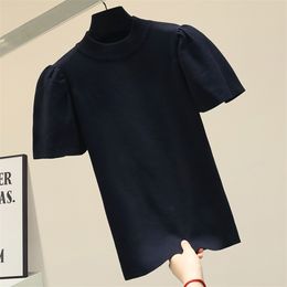 Fashion O collar Solid color sweater bottoming shirt women's Puff sleeve thin pullover summer Ice silk Short 210507