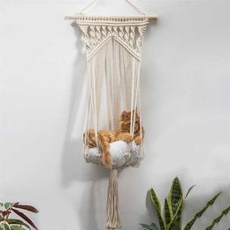 Macrame Cat Hammock,Macrame Hanging Swing Dog Pet Bed with Kit for Indoor s Hand-Woven Basket Home Decor 211111
