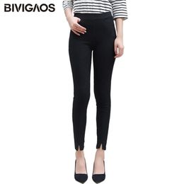 BIVIGAOS Women's High Waist Front Split Black Leggings Spring Autumn Woven Casual Legging Trousers Slim Skinny Pencil Pants 211008