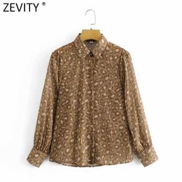 Zevity Women Vintage Turn Down Collar Leopard Print Metal Line Casual Smock Blouse Female Chiffon Shirts Chic Blusas Tops LS9047 210603