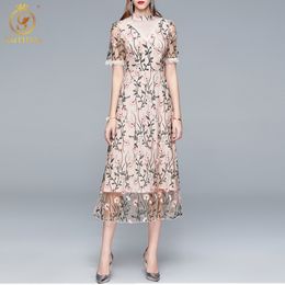 Summer Fashion Runway Vintage Dress Women Short Sleeve Mesh Embroidery Elegant Long Dresses Vestidos 210520