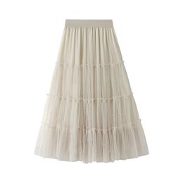 Women skirts A-line Pleated Long Tulle with pearl Skirt Tutu Femme High Waisted Runway Soft Mesh Skirts Womens Jupe 210524