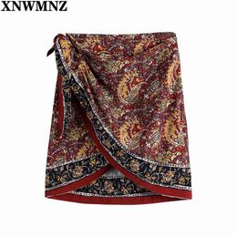 Women Chic Print high waist Skirts Woman Faldas Mujer French Knot Decoration Female Irregular Mini Skirt 210520