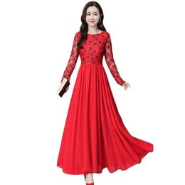 Chiffon Dress Women Spring Summer Korean Fashion Slim Elegant Lace Stitching Red Long Sleeve Party Dresses LR1012 210531