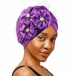 New Large Flower Women Turbans Trip Party Hair Accessories Muslim Headwear Hijab Caps Diamonds Turbante Indian Hat