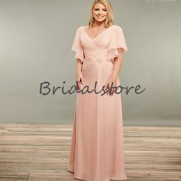 Pink Plus Size Mother Of The Bride Dress With Cap Sleeve Full Length Chiffon Wedding Guest Party Dresses Groom Mom Gown Vestido De Fiesta Boda Robes Soirée
