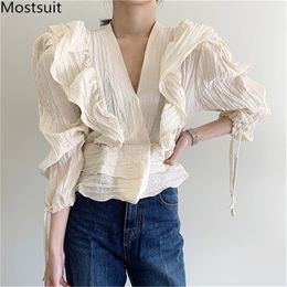 Autumn Korean Vintage Ruffles Blouses Shirts Women Long Sleeve V-neck Fashion Elegant Tops Tunics Female Solid Ladies Blusa 210513