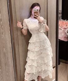 LLZACOOSH Long Lace Women Dress Runway Spring Summer Short Sleeve Patchwork Cake Dress Vintage Embroidered flowers Dress 210514