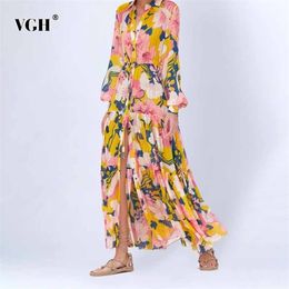 Vintage Print Dress For Women Lapel Lantern Long Sleeve High Waist Tunic Lace Up A Line Maxi Dresses Females Summer 210531