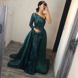 2022 Arabic Dubai One Shoulder Formal Evening Dresses With Detachable Skirt Long Glitter Sequins Moroccan Kaftan Prom Party Gowns Special Occasion Dress