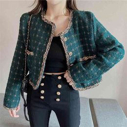 Vintage Fall Luxury Pocket Single Breasted Button Tweed Jacket Short Coat Women Long Sleeve Korean Woollen Plaid Outwear Crop Top 210514