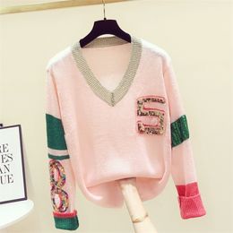 Women V-neck Sweaters Loose Colour Matching Sequins Beaded Long-Sleeved Pullover Women's Tops Blouses 210918