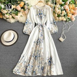 LY VAREY LIN Autumn Women Vintage Print Dress Lantern Sleeve Sashes Tie Up Zipper Back O Neck High Waist Elegant 210526