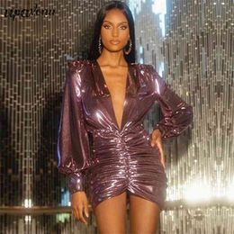 Free Women's Purple Dress Sexy V-neck Lantern Long Sleeve Bodycon Draped Club Night Party Mini Vestidos 210524